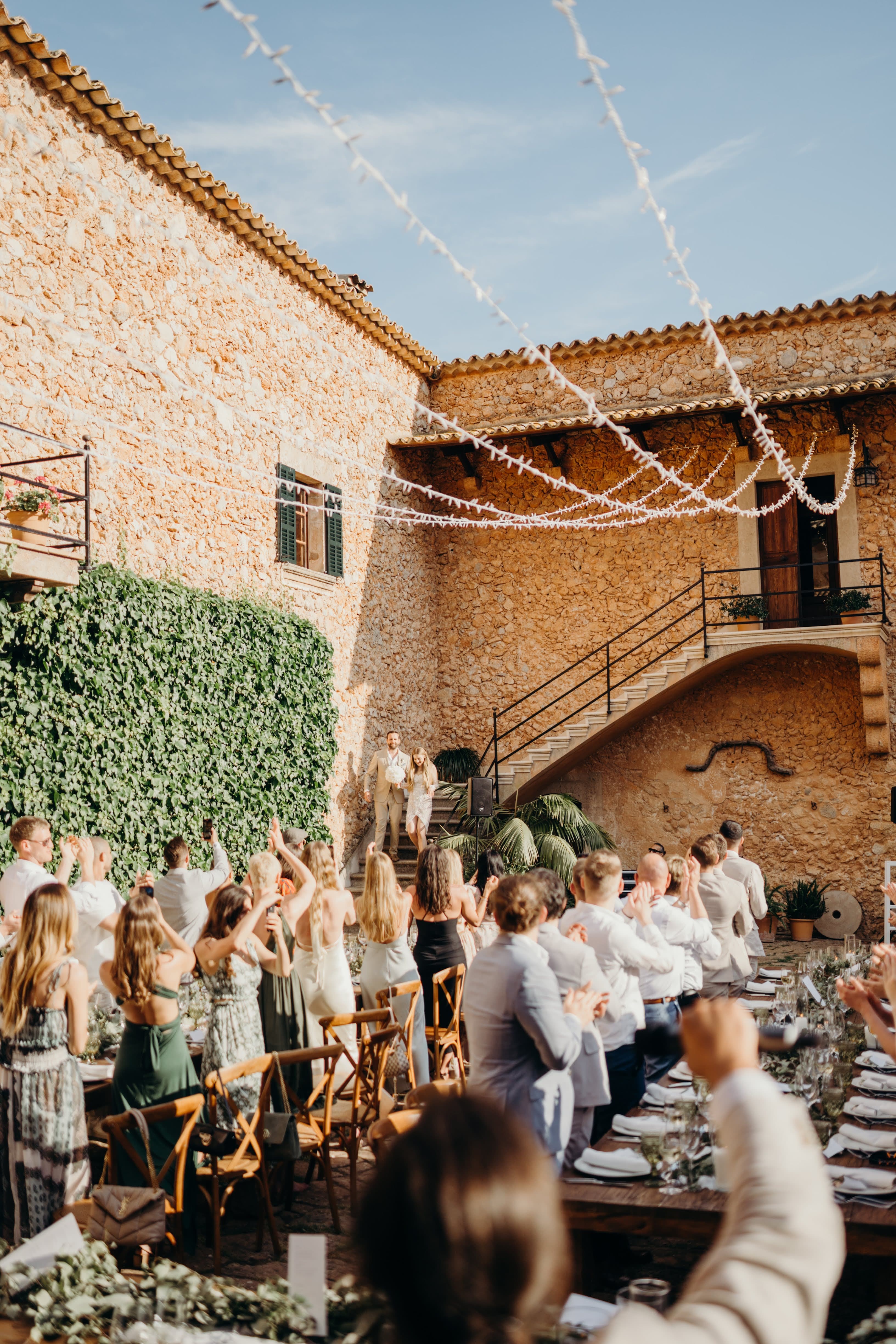 Wedding celebration with fairy lights at a Mallorcan finca